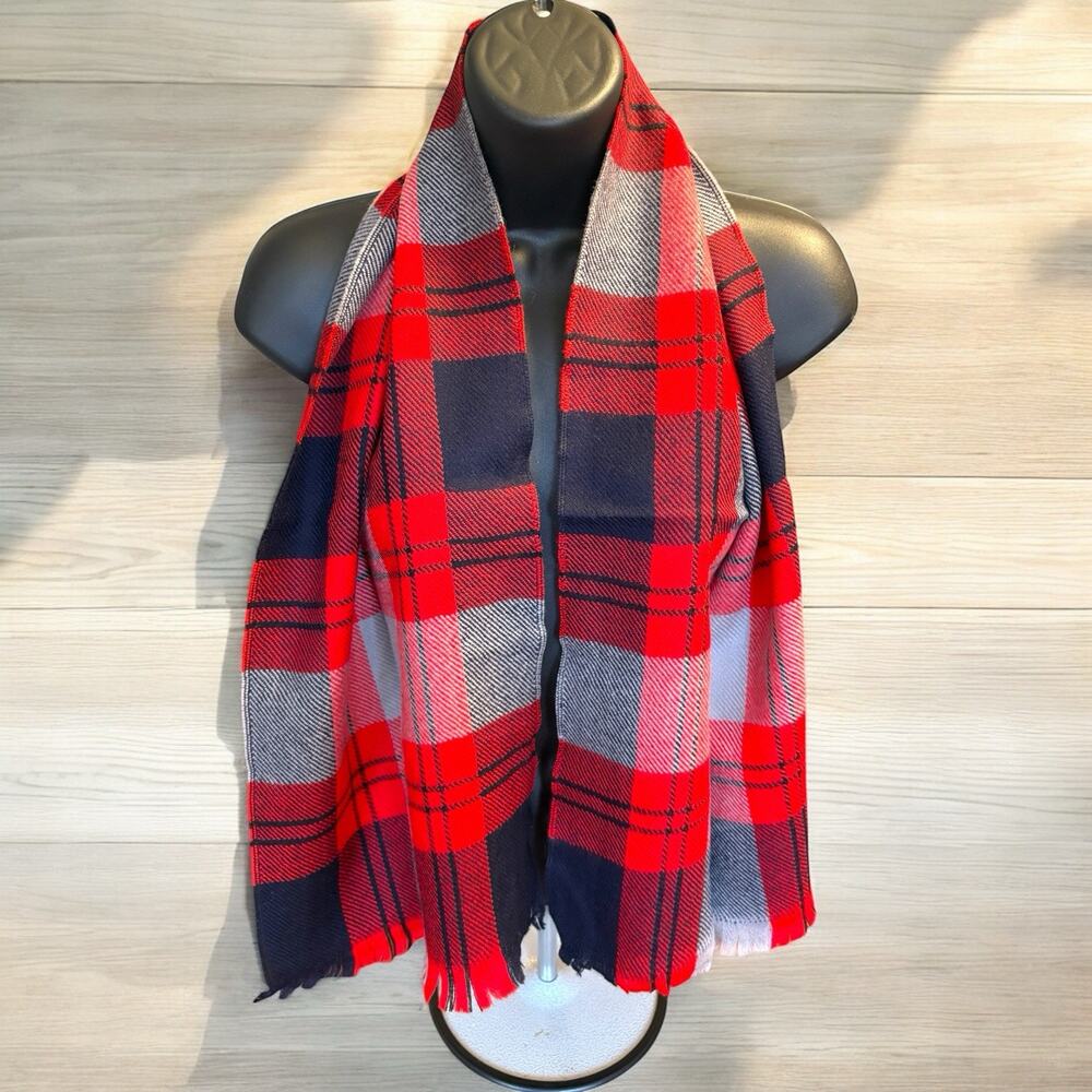 Vintage Matt Andrews Merino Wool Scarf Red Navy Blue Tartan Plaid Stylish